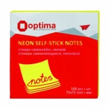 Блок для заметок с клейким слоем Optima, 75х75 мм, 100 л., неон желтый