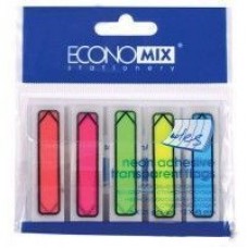 Закладки с клейким слоем Economix "Указатели", 12х45 мм, 125 шт., пластиковые полупрозрачные, 5 неоновых цветов